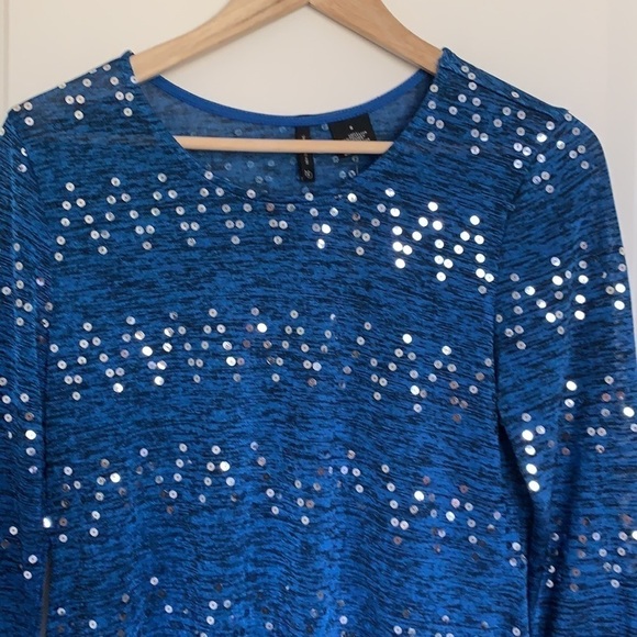 New Directions Asymmetrical Sequined Blouse Blue S - Picture 2 of 8